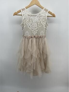 Rare Edition Beige Sleeveless Dress with Lace Top and Tulle Skirt